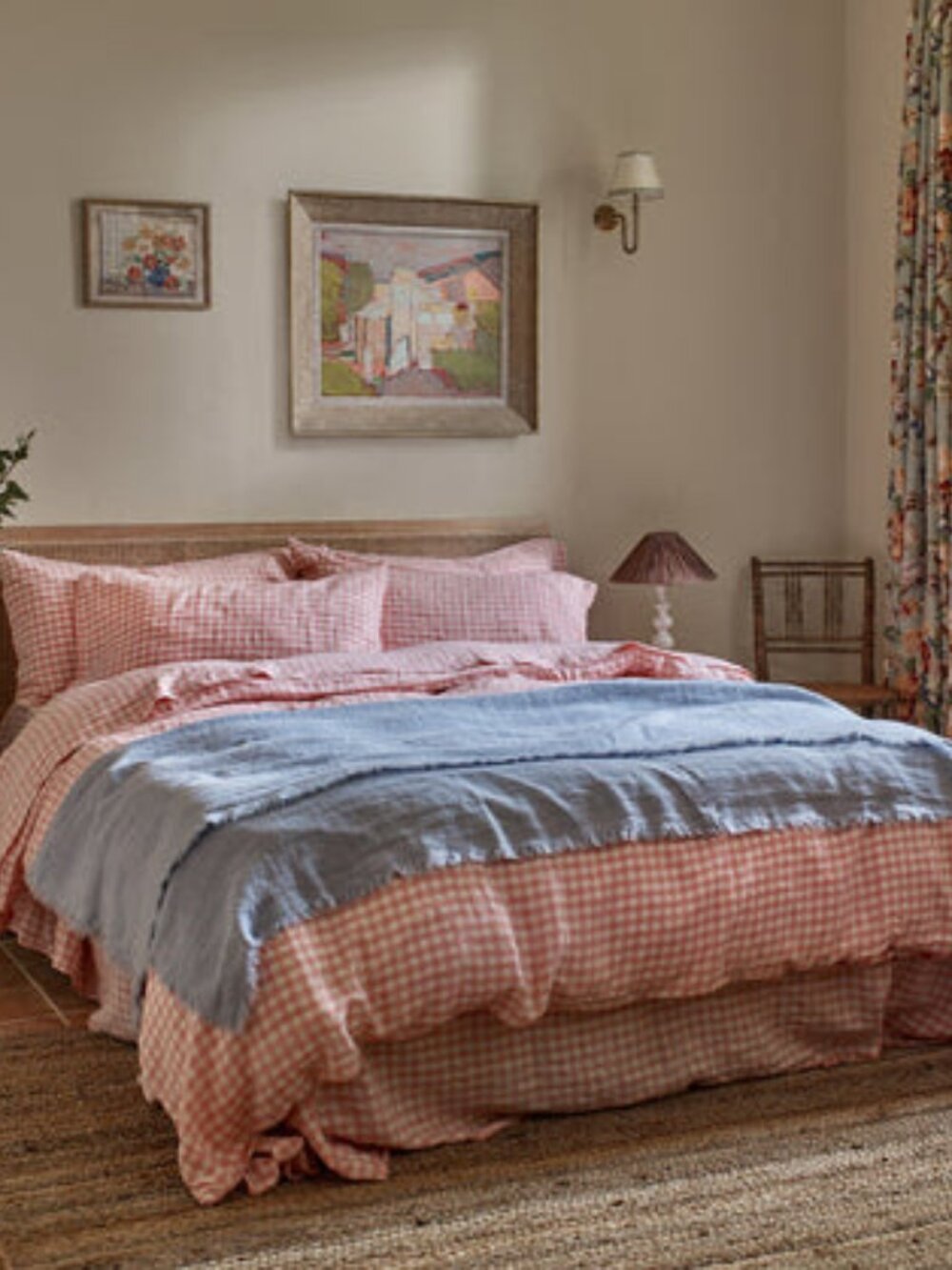 Piglet in Bed Pink Bloom Gingham 100% Linen Queen size Duvet Cover Like new